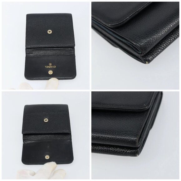 CHANEL Wallet Grained Calf Skin Black Gold CC Auth fm4996